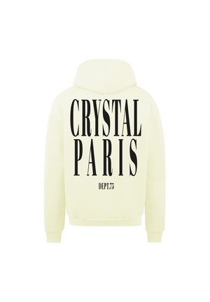 Žlutá mikina s kapucí s velkým černým potiskem s nápisy "CRYSTAL PARIS" a "DEPT.75" na zadní straně. Měkký materiál s pohodlným střihem.