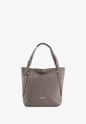 Taupe leather tote bag with two adjustable straps, silver zipper pulls, and a small rectangular metal brand logo on the front.