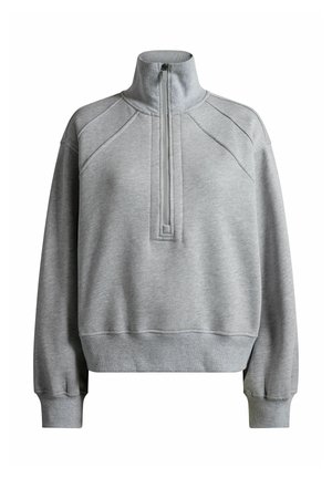 Sweat-shirt gris clair à col montant avec fermeture éclair sur la moitié, manches longues et poignets et ourlet côtelés.