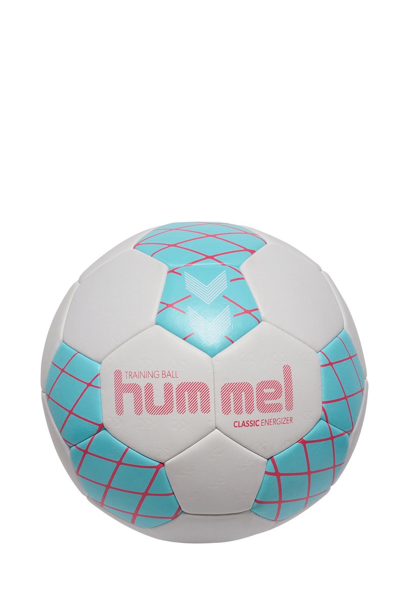 Trainingsball von Hummel, ausgestattet mit einer weißen Oberfläche und türkisfarbenen sowie pinken geometrischen Mustern, strukturierten Panels und markanter Markenkennzeichnung.