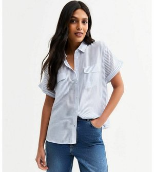 New Look STRIPED TEXTURED - Button-down blouse - blue pattern