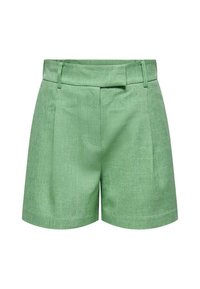 Pantalones cortos de lino verde con un acabado texturizado, que presentan una cinturilla ajustada, pasadores para cinturón y pliegues en la parte delantera para una silueta estructurada.