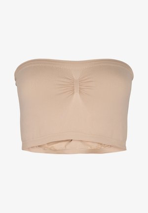 Beige Tube-Top aus elastischem Material, mit einer gerafften Mittelnaht und einem gerippten Bund entlang der oberen und unteren Kante.