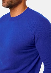 Königsblauer Strickpullover mit Rundhalsausschnitt und Raglanärmeln, der eine weiche Textur und ein dezentes Muster an den Schultern präsentiert.