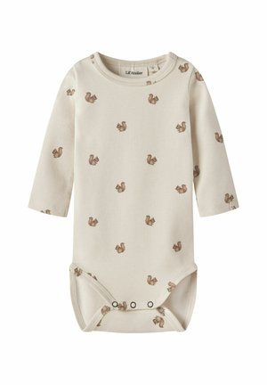 Fløjlsfarvet babybody med lange ærmer, små brune egern og trykknapper i bunden for nem bleskift.