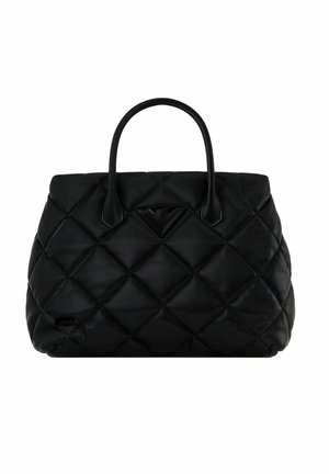 Sac à main noir matelassé avec une finition lisse et brillante, comportant deux poignées robustes et une plaque logo centrale. Motifs en diamant texturés sur tout le sac.