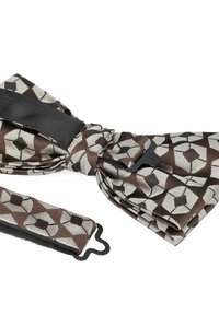 Brązowy i kremowy muszka w geometryczny wzór, wykonana z tkanej tkaniny o gładkiej teksturze. Zawiera czarny regulowany pasek.