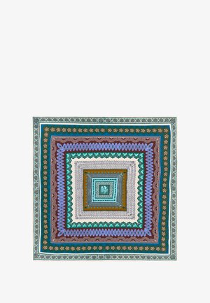 Quadratisches Tuch mit komplizierten geometrischen Mustern in Türkis, Braun und Lavendel, aus strukturiertem Stoff mit dekorativen Rändern.
