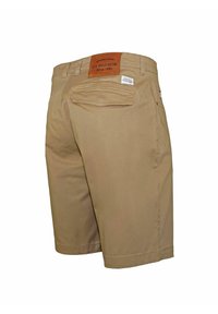 Tan cotton shorts with a leather patch at the back, featuring rear pockets and a straight-cut leg design.
