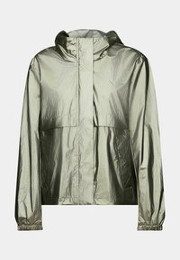 Jasnozielona, lekkiej wagi kurtka o błyszczącej, pomarszczonej fakturze. Posiada kaptur, kieszenie z przodu oraz elastyczne mankiety. Prosty design.