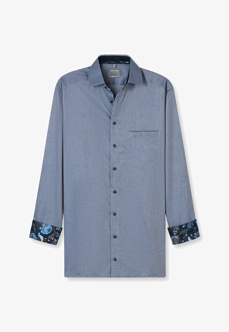 Men's long-sleeve shirt in light blue. Features a button-up front, a chest pocket, and floral-patterned cuffs in dark blue. Smooth texture.