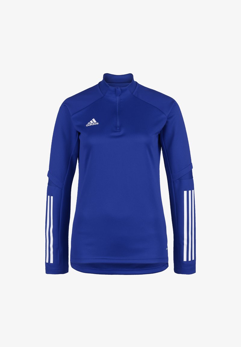 Blue Adidas long-sleeve athletic top with quarter zip, white Adidas logo on chest, and three white stripes on each forearm.