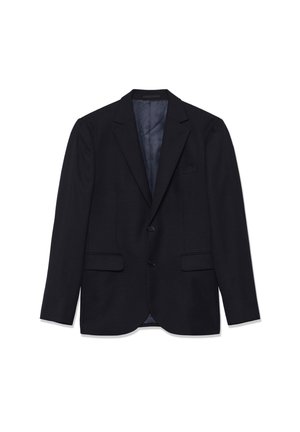 Jūrinis švarkas iš tekstūruoto audinio su iškirptu atlapu, dviem priekinių kišenėmis, vieno mygtuko užsegimu ir lygiu pamušalu.