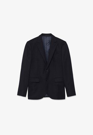 Tengerészkék blézer texturált anyagból, kivágott hajtókával, két elülső zsebbel, egy gombos záródással és sima béléssel.