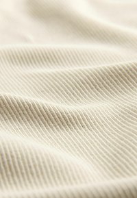 Béžová ribbed tkanina s texturovaným povrchem, se jemnými vertikálními liniemi, měkkým drapováním a hladkým vzhledem.