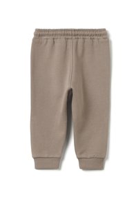 Peuterbroek in taupekleur met elastische tailleband en geribbelde boorden, gemaakt van zachte gebreide stof.