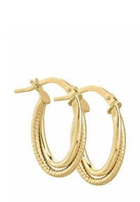 Auksinės spalvos auskarai-žiedai, turintys pintą tekstūrą ir lygius paviršius, užsegami su vyriuku. Skersmuo maždaug dvi coliai.