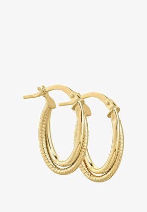 Kuldtooni rõngas kõrvarõngad, millel on punutud tekstuur ja siledad pinnad, kinnitatud hingedega lukuga. Diameeter umbes kaks tolli.