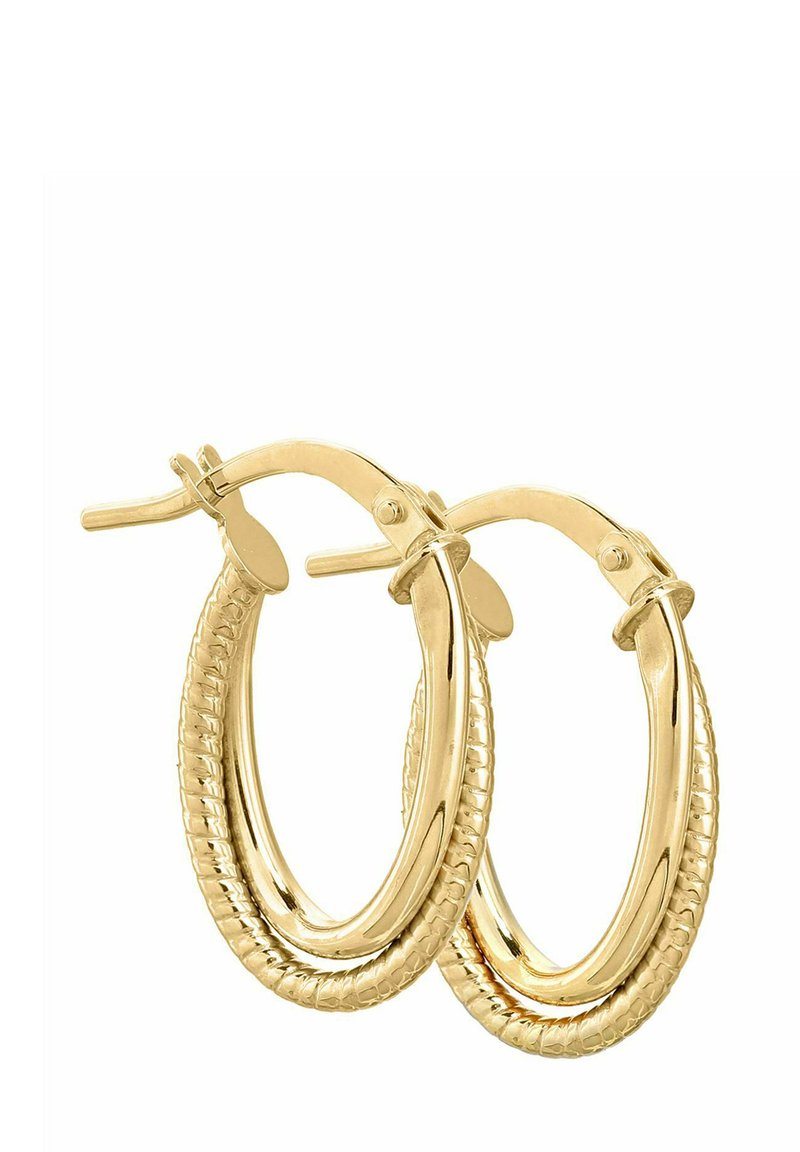 Auksinės spalvos auskarai-žiedai, turintys pintą tekstūrą ir lygius paviršius, užsegami su vyriuku. Skersmuo maždaug dvi coliai.