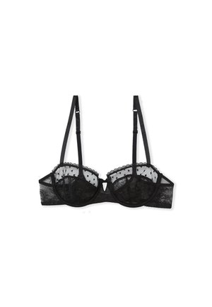 Reggiseno nero in pizzo con ferretto, coppe imbottite, bordi smerlati e spalline regolabili. Presenta dettagli a pois e un'apertura a goccia sul davanti.