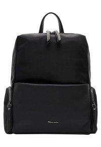 Sac à dos noir en tissu lisse avec des accents en cuir, comportant deux poches zippées à l'avant et des bretelles réglables.