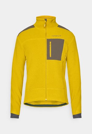Žltá fleecová bunda s vysokým golierom, sivé akcenty na pleciach a hrudnej vrecku, zipsom na hrudnej vrecku a štruktúrovaným povrchom.