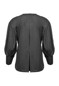 Black blouse with puffed sleeves and a back pleat. Smooth fabric, round neckline, and a small zipper closure at the back.