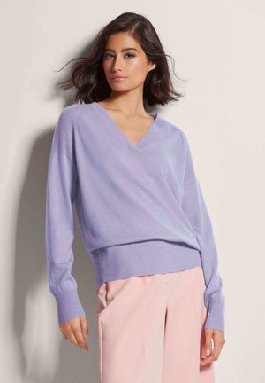 Lavender V-Ausschnitt-Pullover mit lockerer Passform, geripptem Saum und Bündchen, kombiniert mit hellrosa Hosen, die eine weiche Textur zeigen.