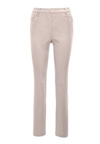 Pantalons beiges en tissu doux avec une coupe ajustée, taille mi-haute, quatre poches et une fermeture à un bouton.