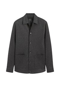 Szara marynarka z mieszanki wełny z ostrym kołnierzem, zapinana z przodu na guziki, z dwoma naszywanymi kieszeniami oraz długimi rękawami i prostym dołem.