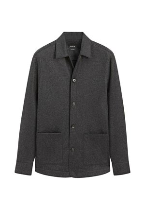 Szara marynarka z mieszanki wełny z ostrym kołnierzem, zapinana z przodu na guziki, z dwoma naszywanymi kieszeniami oraz długimi rękawami i prostym dołem.