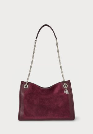 Burgundy suede handbag with a curved top, leather accents, silver chain strap, and a charm featuring the initials "RLL."