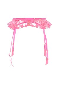 Spetsstrumpbälte i starkt rosa med blommönster, en volangkant och justerbara satinband med metalldetaljer.