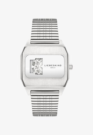 Orologio in acciaio inox argento con cassa rettangolare, cinturino in metallo texturizzato e quadrante bianco che mostra un indicatore del tempo circolare.