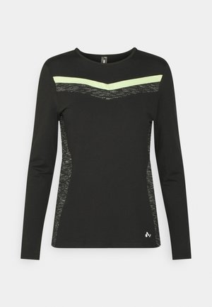 Long-sleeve black athletic shirt featuring a light green chevron stripe and textured side panels for added detail.