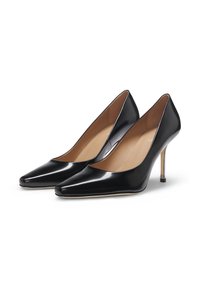 Black patent leather high-heeled shoes with a pointed toe and a slender stiletto heel. Interior features a nude leather lining.