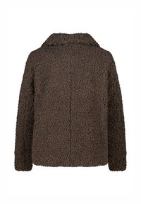 Bruine textuurjas met een zachte, fluweelachtige buitenkant, voorzien van een kraag en lange mouwen, ontworpen voor een relaxte pasvorm.