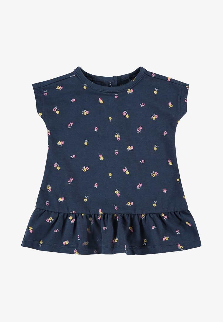 Robe bleu marine à manches courtes pour tout-petit avec imprimé floral rose et jaune et ourlet volanté.