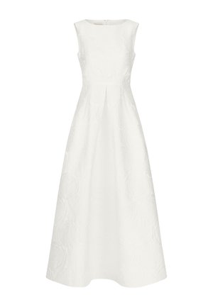Sleeveless white floral jacquard midi dress with boat neckline and fitted waist, featuring subtle embossed rose patterns.