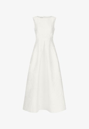 Sleeveless white floral jacquard midi dress with boat neckline and fitted waist, featuring subtle embossed rose patterns.