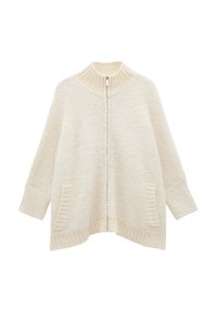 Kermanvärinen, tekstuuroitu neuletakki, jossa korkea resorikaulus, etuvetoketju ja sivutaskut. Löysät hihat ja rento istuvuus.