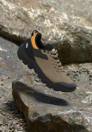 Pantof de drumeție maro și negru cu etichetă Gore-Tex, detaliu portocaliu la călcâi și talpă rezistentă, suspendat deasupra unui teren stâncos.