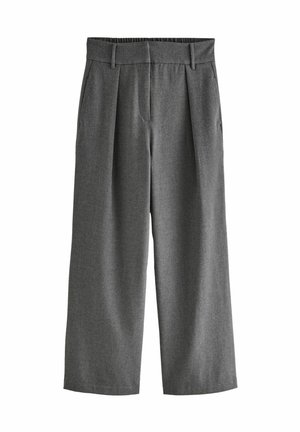 Pantalon gris à jambes larges avec passants de ceinture et plis avant, présenté sur fond blanc.