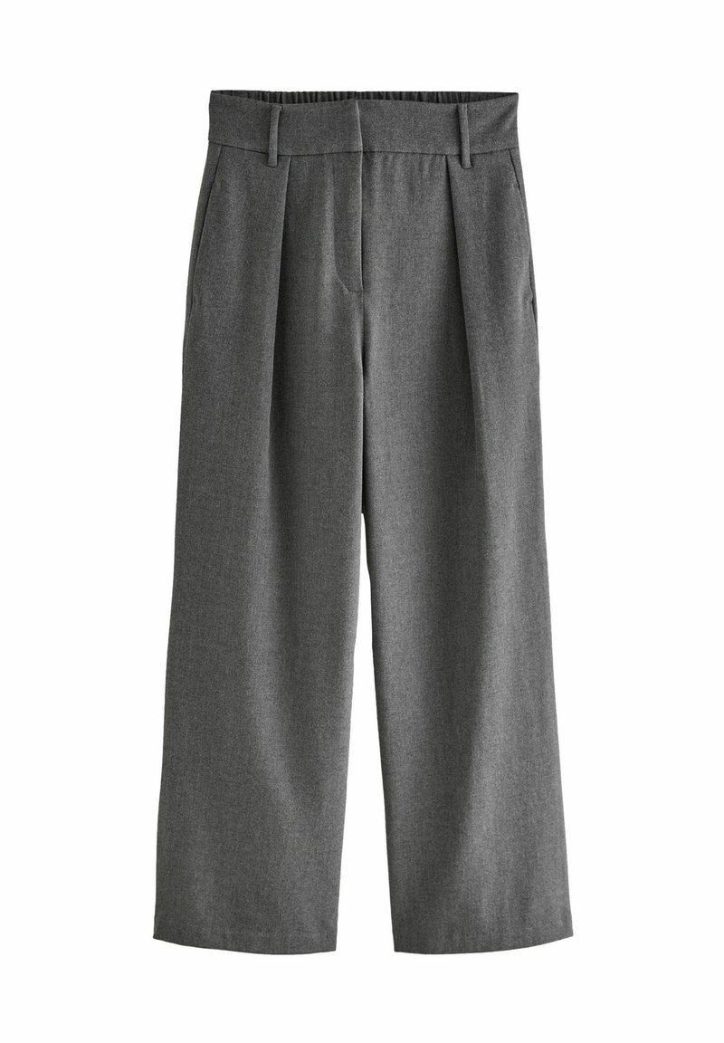 Pantalon gris à jambes larges avec passants de ceinture et plis avant, présenté sur fond blanc.