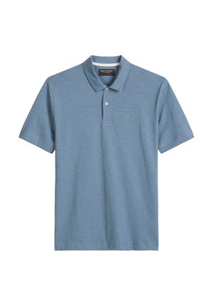 Light blue short-sleeve polo shirt with a collar, two-button placket, and subtle brand logo on the left chest.