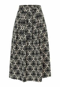 Zwart en beige plissé rok met een bloemenpatroon, gemaakt van lichtgewicht stof met een elastische tailleband voor comfort.