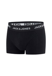 Zwarte boxershorts van een gladde stof met een logo-elastische tailleband waarop "JACK & JONES" in het wit is afgebeeld. Inclusief ontwerp met een voorkant zak.