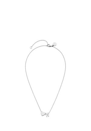 Delicate silver chain necklace with a heart shape and a letter W pendant, including an adjustable clasp and a small round tag.
