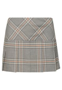 Minifalda a cuadros en negro, blanco y naranja. Presenta un diseño plisado con una cintura ajustada y un tejido texturizado.