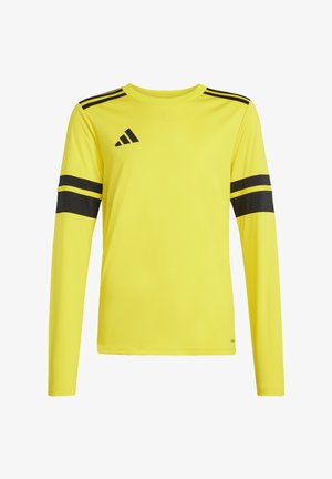 Jersey deportivo de manga larga amarillo con rayas negras en los hombros y brazos, con un logo negro de Adidas en el pecho.